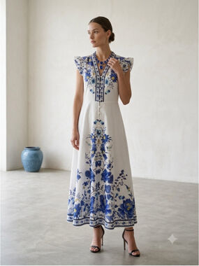 Lai Meng Five Cats Maxi Dress Medium Blue White Floral Porcelain Chinoiserie